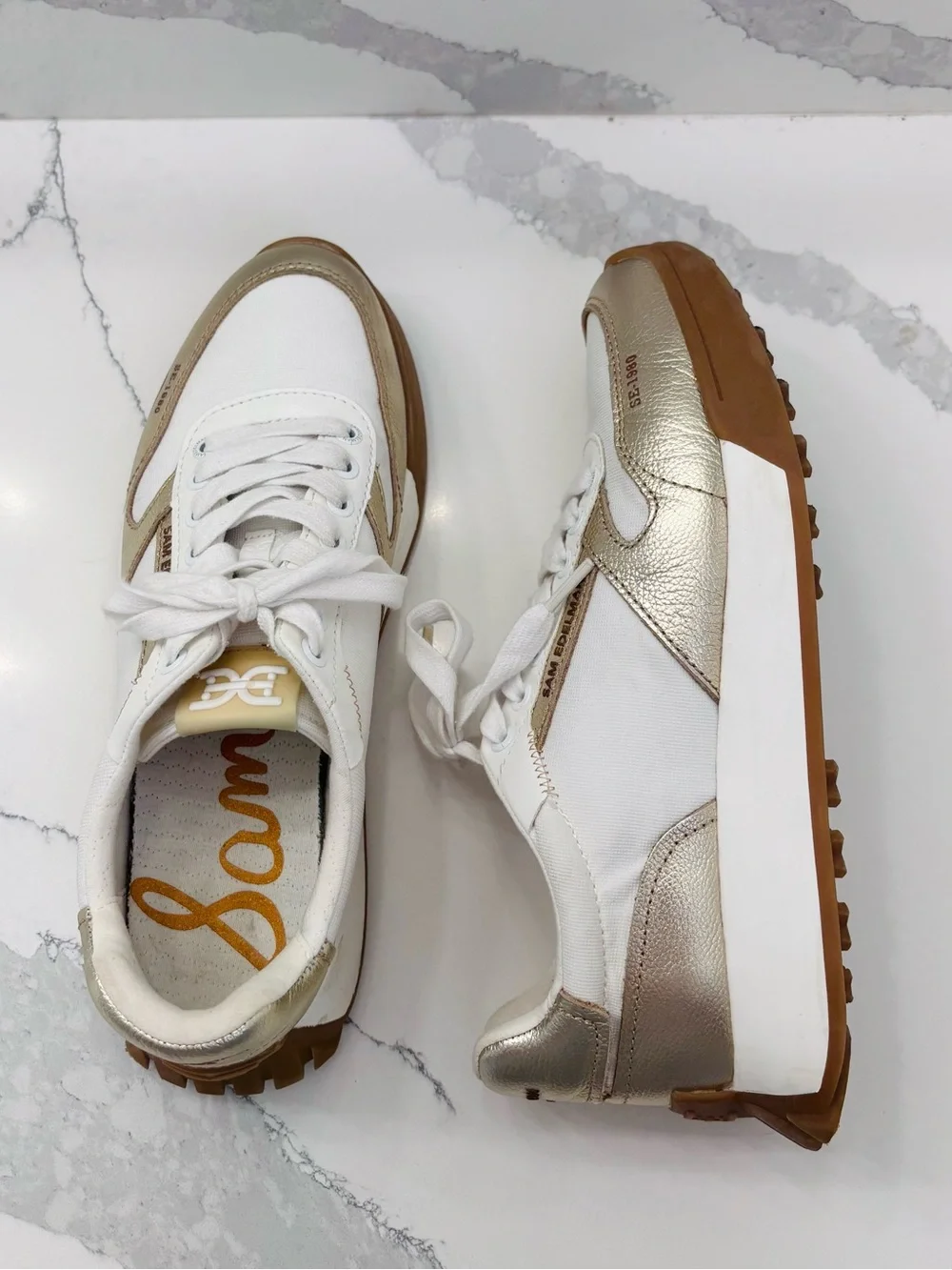 Sam Edelman Women’s 10M Layla White/Gold Fashion Platform Sneakers
